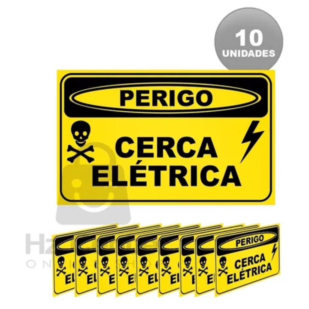 Kit 10 Placas "Perigo Cerca Elétrica" em Alumínio 18x10 cm