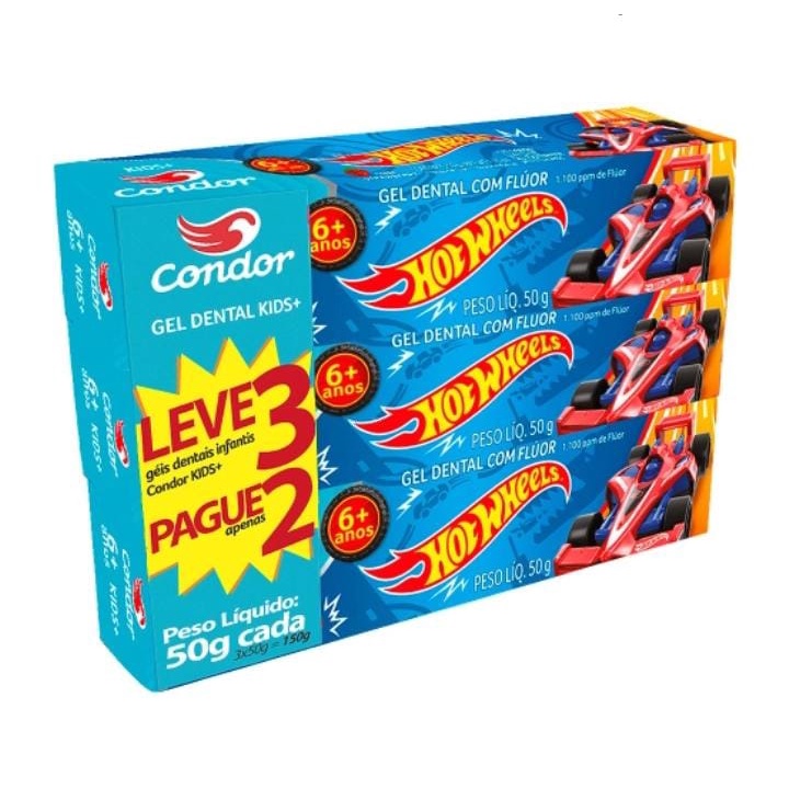 Kit Gel Dental Infantil Condor Hot Wheels com 3 unidades de 50g cada
