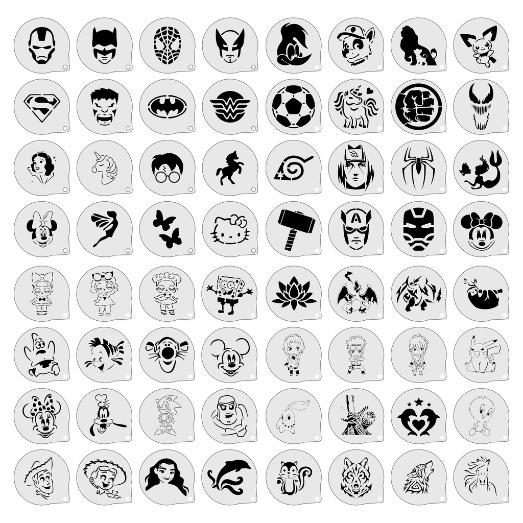 Kit Stencil Personagens Infantis (3) 64 Moldes 7x7cm ,