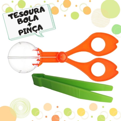 Kit Tesoura Bola + Pinça Infantil Pedagógica – Coordenação Motora Fina, Preensão Controle viso-motor