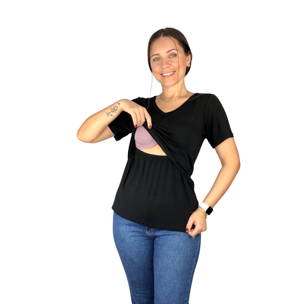 Blusa Amamentação Diversas Cores Viscolycra Premium Camiseta Manga Curta Gola V T-shirt Gestante