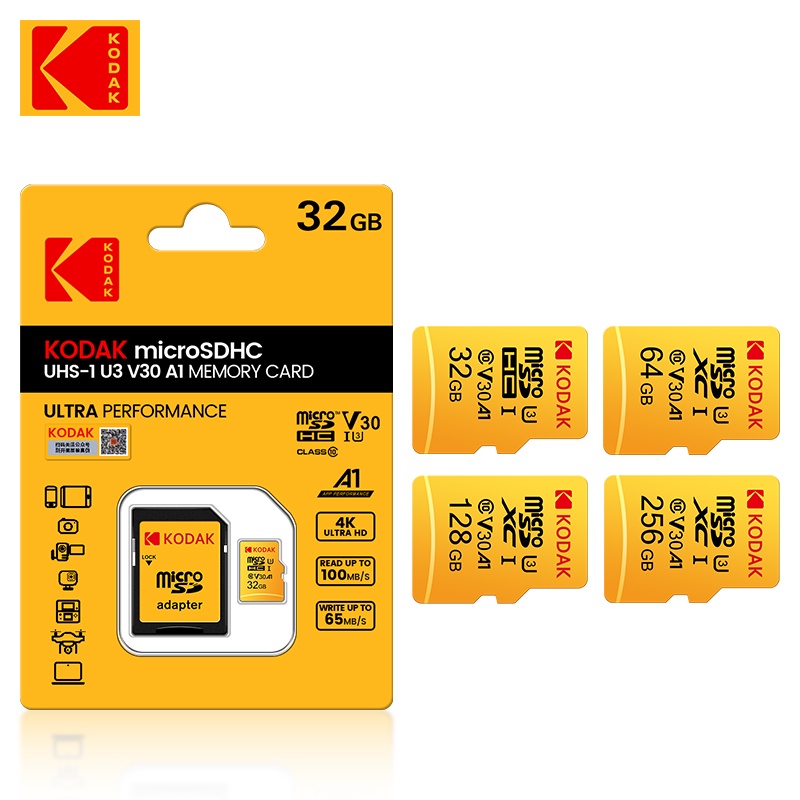 Cartão Kodak Micro SD 128GB 64GB 256 Gb 32GB De Memória De Alta Velocidade U3 A1 V30 Classe 10 TF Para Adaptad