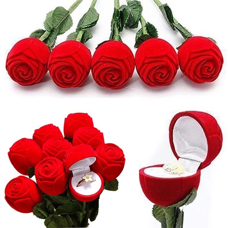 Mini Caixas De Jóias Para Namorados Caixa Noivado Porta-Romântico Rosas Requintadas De Anéis De Veludo Vermelho Em Forma De Coração Joias