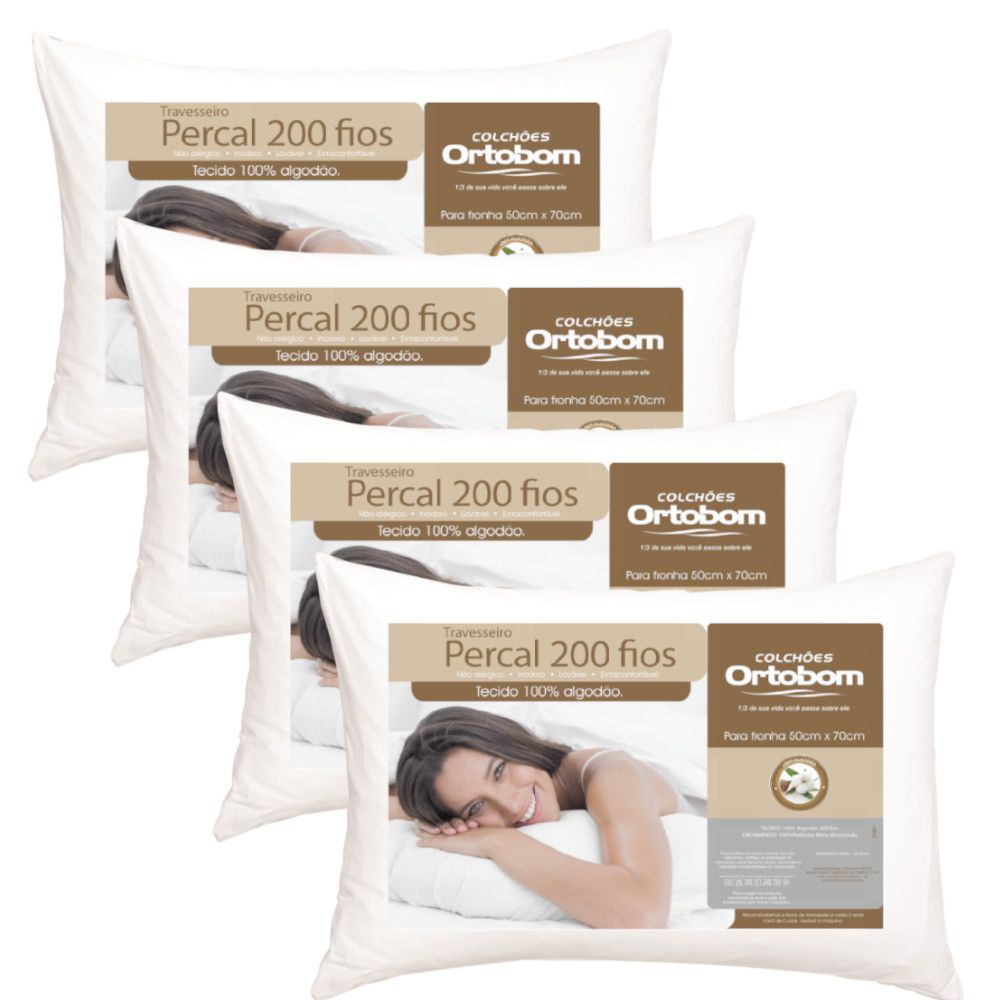 Kit Travesseiros Ortobom 200 Fios 50x70cm 100% Algodão Antialérgico Super Macio Perfil Alto