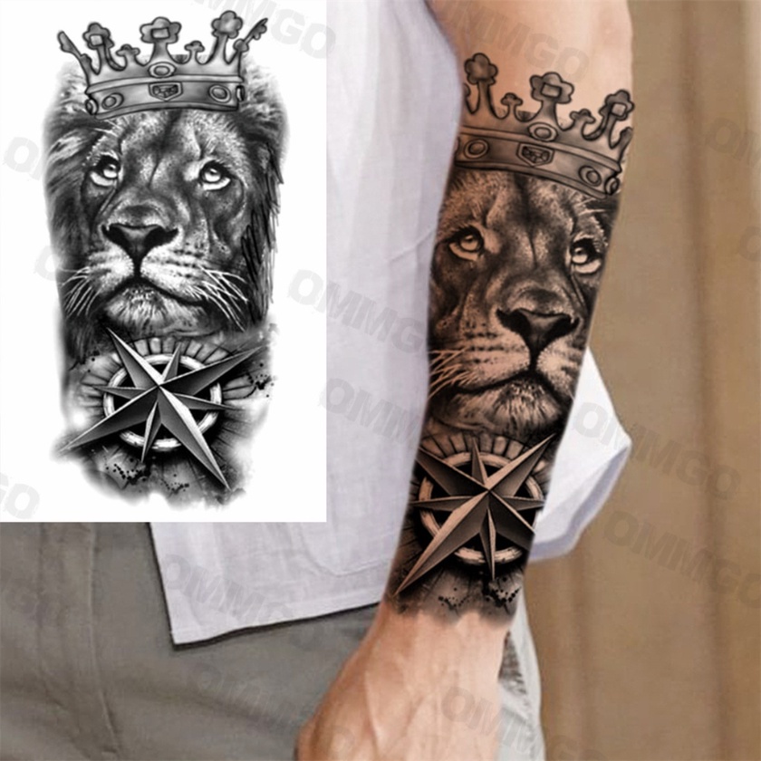 Tatuagem Temporária-Adesivo De Coroa De Bússola De Leão À Prova D'água , Arte Corporal Realista Para Mulheres E Homens
