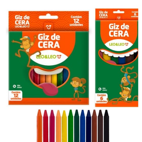 Giz de Cera Caixa com 6 ou 12 Cores Fino 88mm Leo&Leo