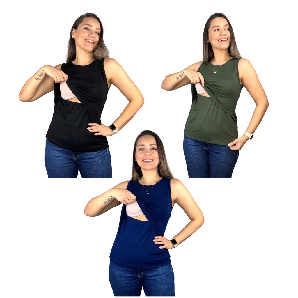 Kit 3 Blusa Amamentação Diversas Cores Viscolycra Premium Camiseta Regata Gestante Grávida Amamentar