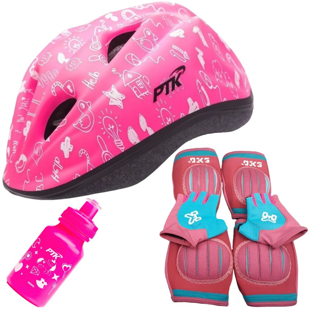 Capacete Infantil Bicicleta + Joelheira + Cotoveleira + Luva + Garrafinha