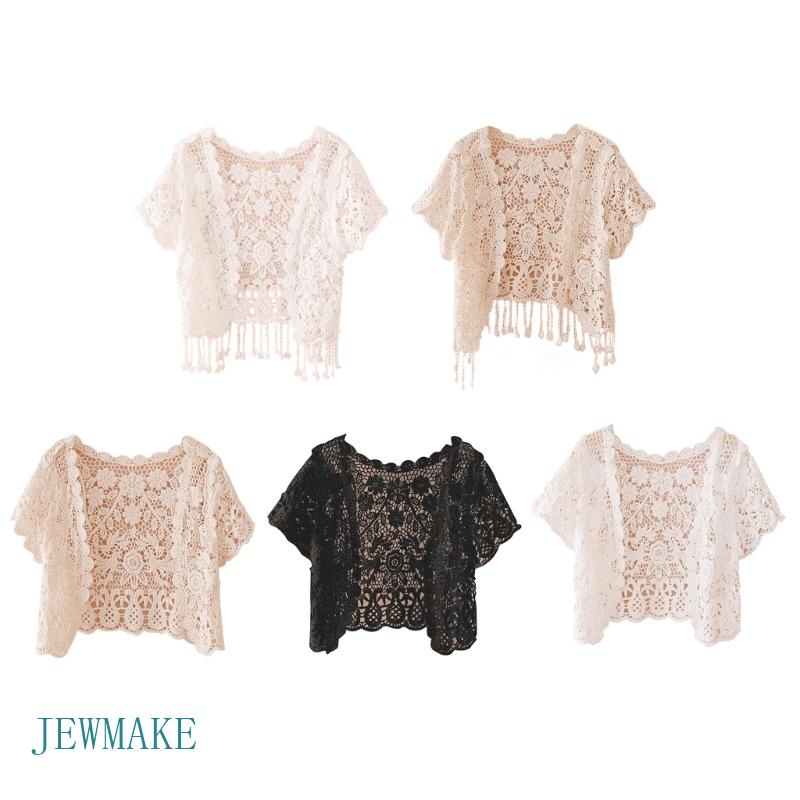 Jew Womens Open Front Tassels Lace Crop Cardigan Sheer Floral Crochê Curta Casacos Para Vestidos