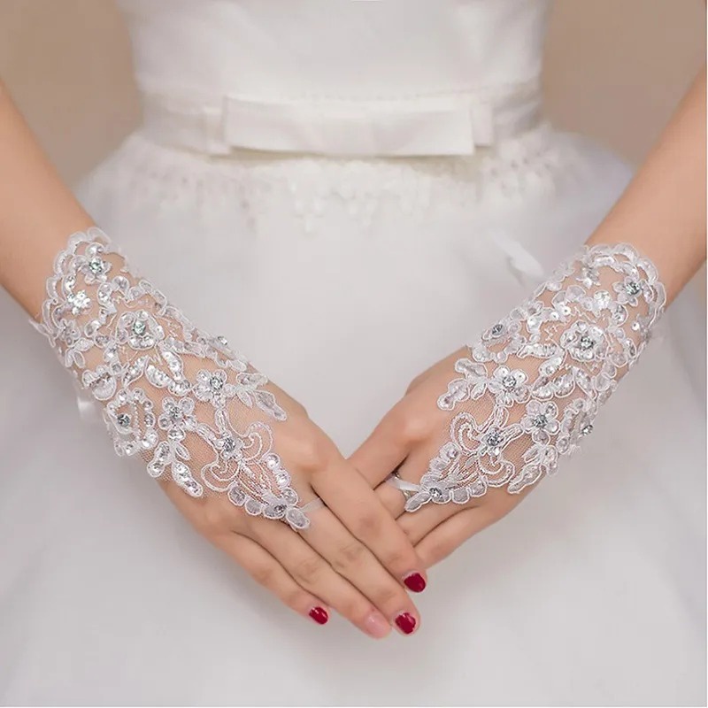 Nova Moda De Alta Qualidade Luvas Curtas Elegante Marfim Ajustável Pérola Renda Strass Nupcial Casamento Acessórios Noiv