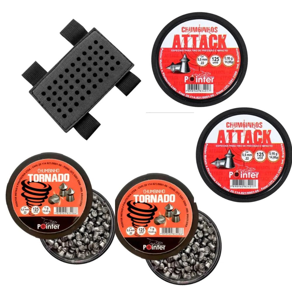 Kit Chumbinhos 5,5mm Pontudos Pontiagudos Destruidor Carabina Espingarda Pressão Attack Tornado Porta Chumbo
