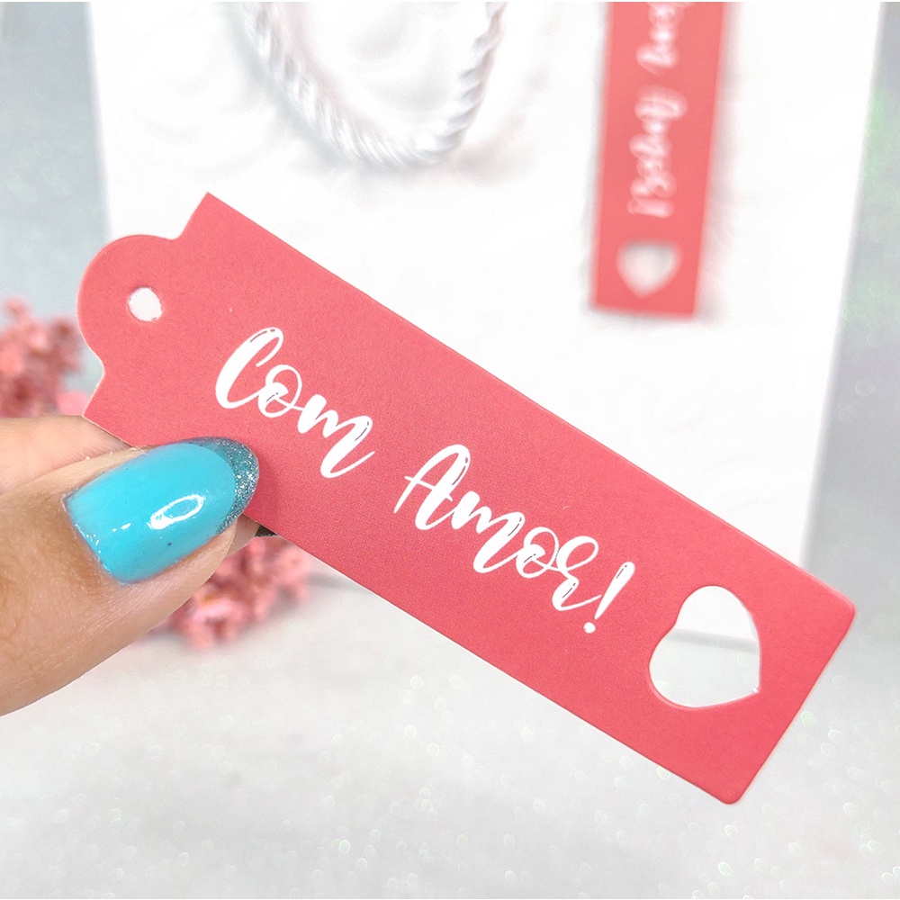 Tag Com Amor para presentes e embalagem - Tag Dia das Mães Coração | 9x2,5cm