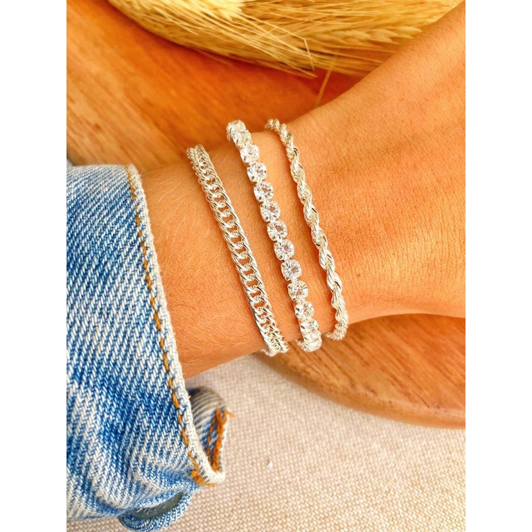 Kit 3 Pulseiras Prata 925 Folheada Cordão Baiano Torcido Conjunto Pulseira Feminina Riviera Corrente Grumet Elos Grosso