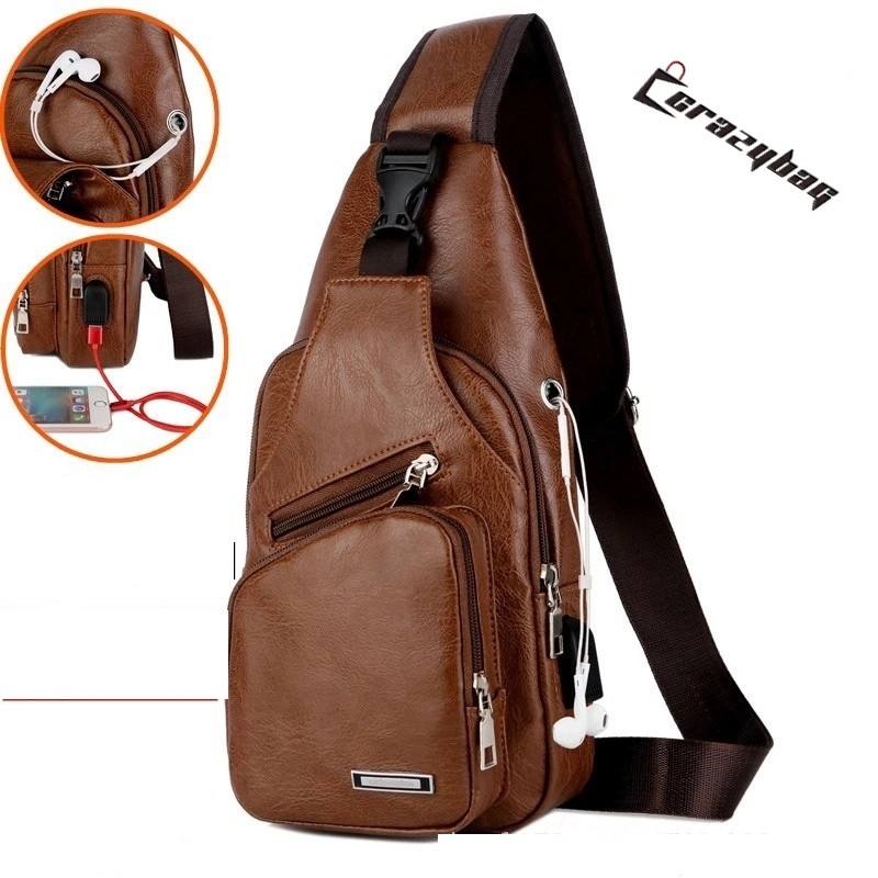 Saco Louco De Couro casual Para Homens Com Porta USB Fone De Ouvido