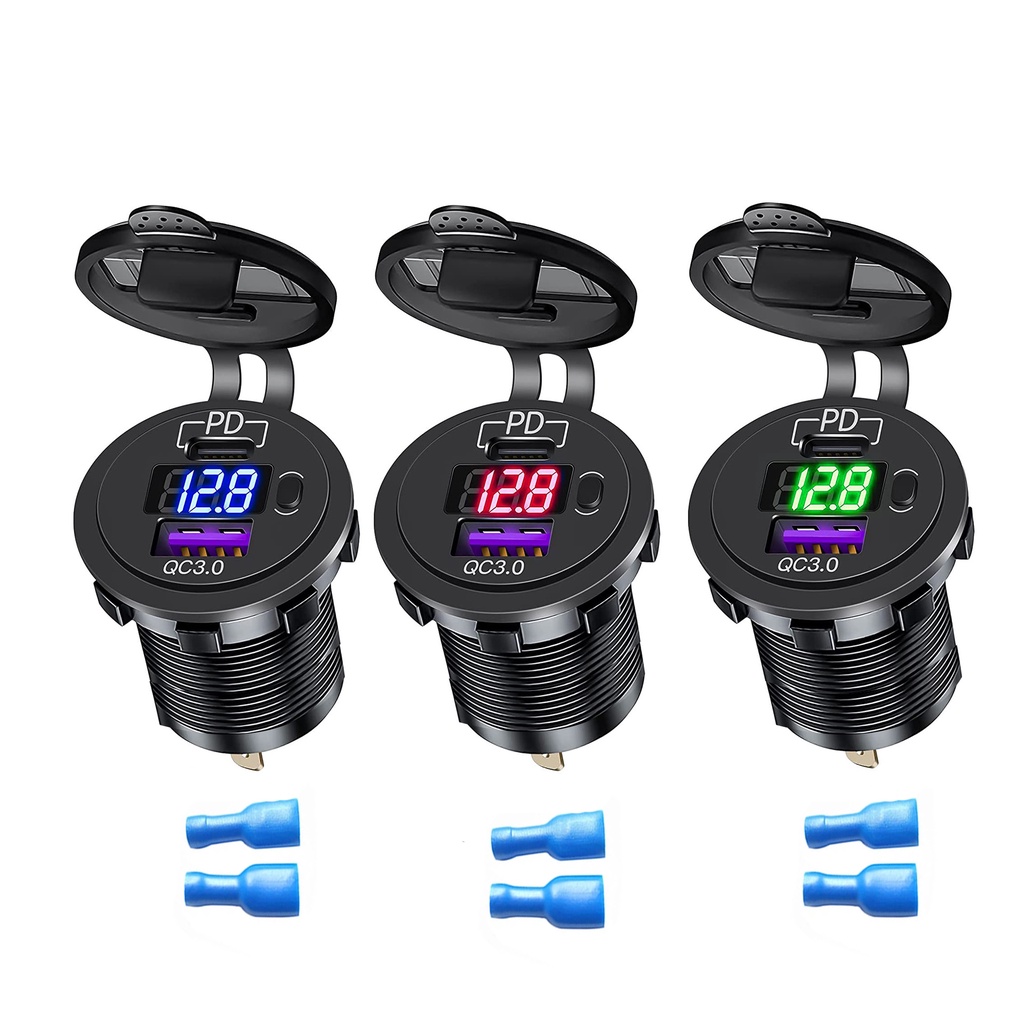 Carregador Rápido QC3.0 USB + PD Tipo C Tomada De Carga Rápida À Prova D'água 12V/24V Alimentação Com Interruptor De Botão