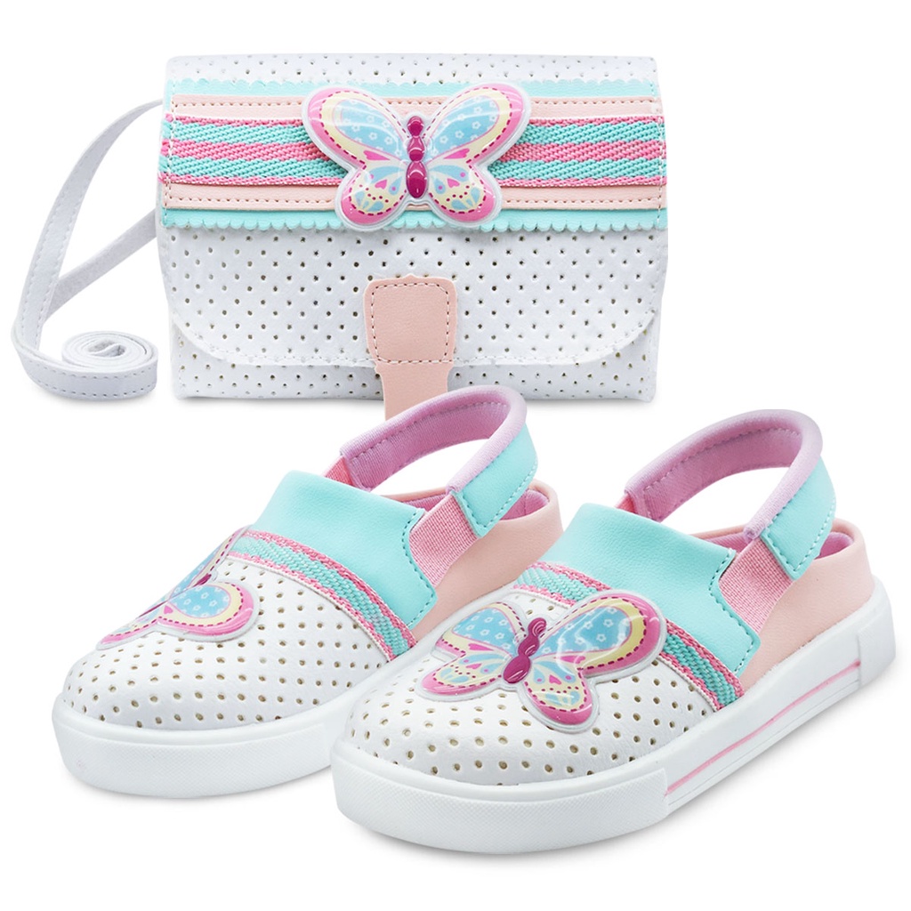 Kit Sandália Babuche Infantil Menina Magic com Bolsinha Borboleta Capivara Fofo Moda BB&Kids