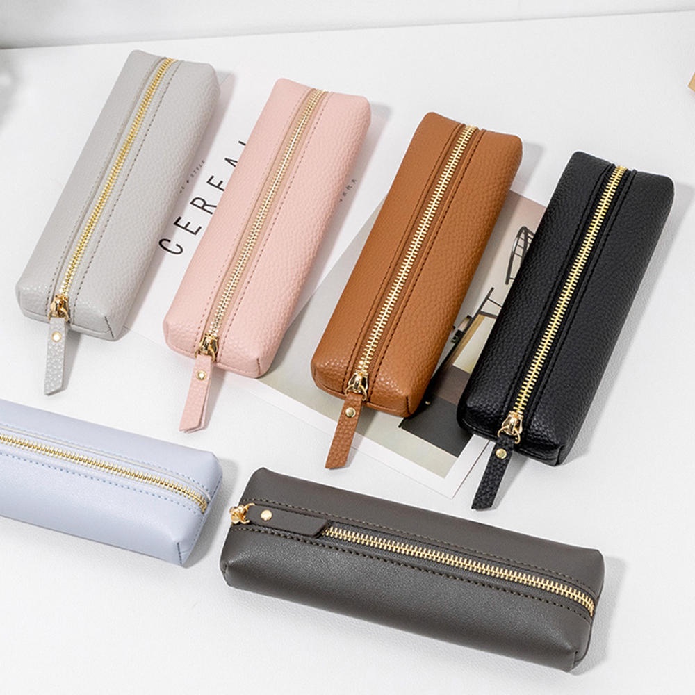 Bolsa de couro PU simples cor sólida grande capacidade papelaria caneta macia estojo lápis zíper