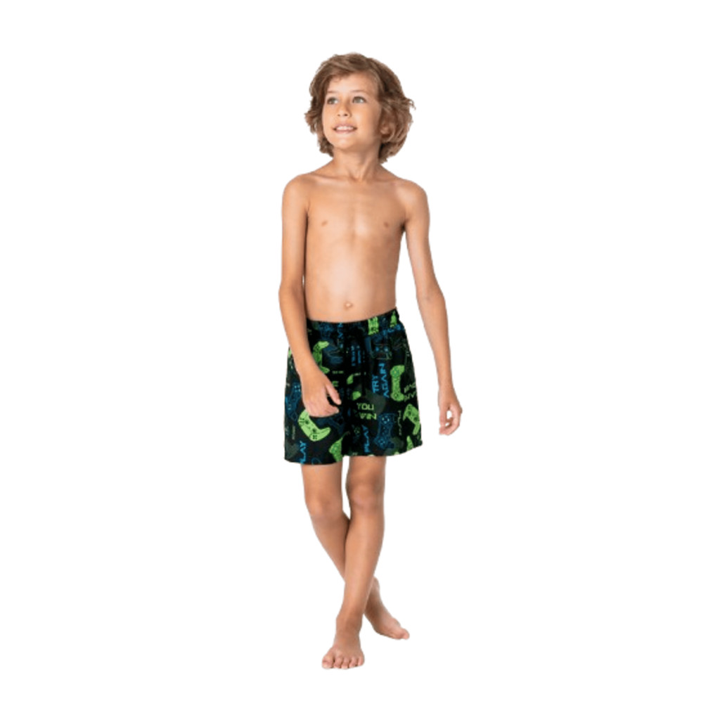 SHORTS PRAIA EM MICROFIBRA INFANTIL MENINO GAME OVER MALWEE PRETO