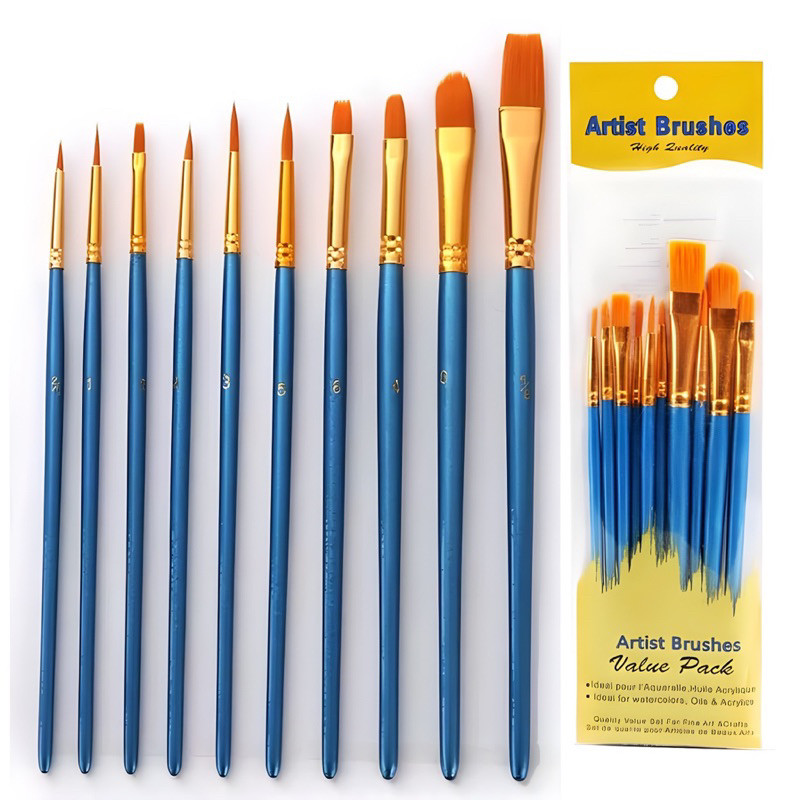 Kit com 10 Pincéis artísticos p/ pintura cerdas macias - Aquarela, Óleo, Acrílica, Artesanato.