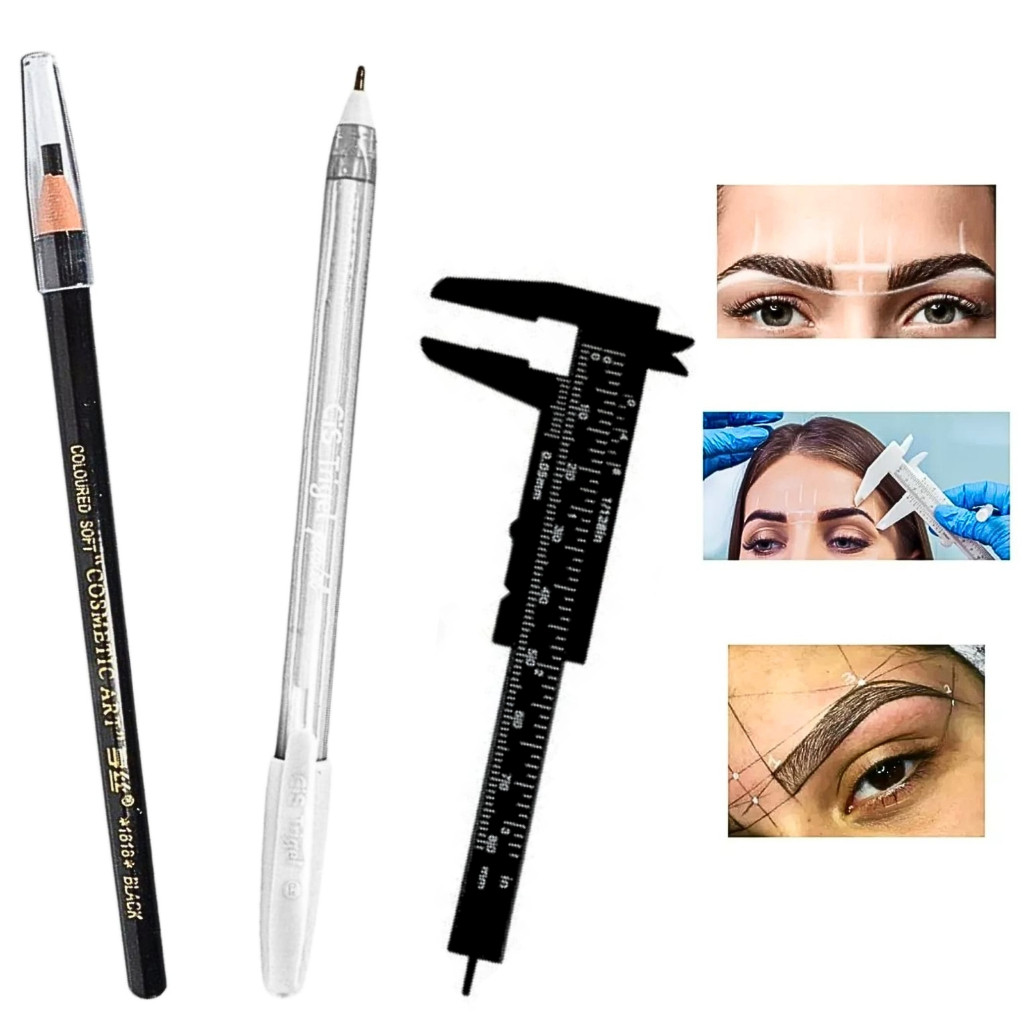 Lápis Dermatográfico + Paquímetro + Caneta Gel Branca para Sobrancelha Design S16
