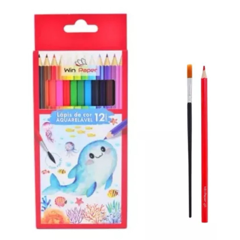 Lápis de Cor 12 Cores Aquarelável com 1 Pincel Escolar Win Paper