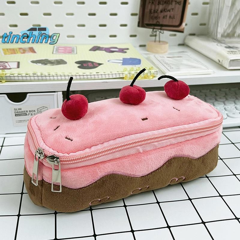 [Tinchigh] Estojo De Lápis De Bolo De Cereja De Pelúcia Fofo De Alto Valor E Grande Capacidade Bolsa De Cosméticos Papel