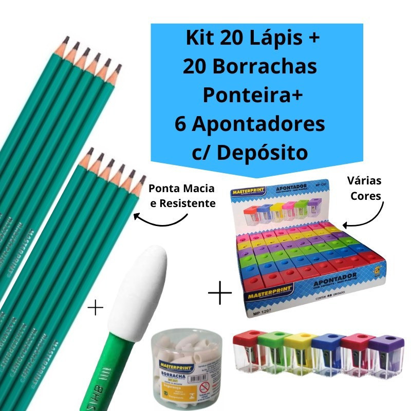 Kit 20 Lápis de Escrever Nº2 + 20 Borracha Ponteira Branca + 6 Apontador com Depósito Escolar
