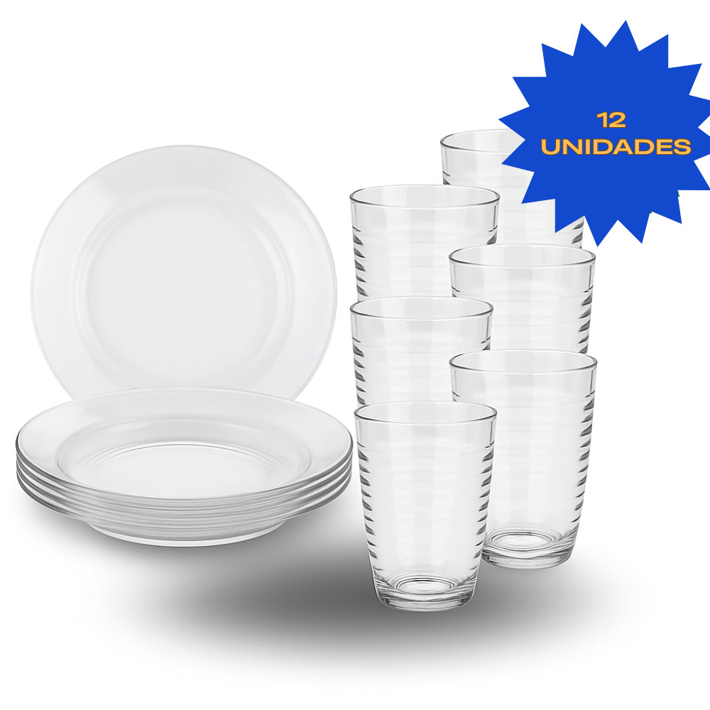 Jogo De Prato Fundo e 6 Copos de Vidro Arizona Transparente Kit 12 Unidades