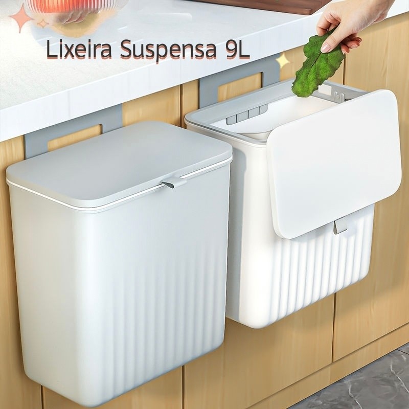 Lixeira Suspensa De 9 Litros Com Tampa Suporte Alto Adesivos Alça De Pentura Para Cozinha E Banheiro