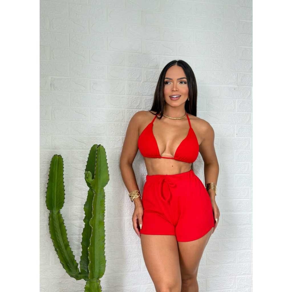 Biquíni Feminino Com Short Tecido Canelado Premium