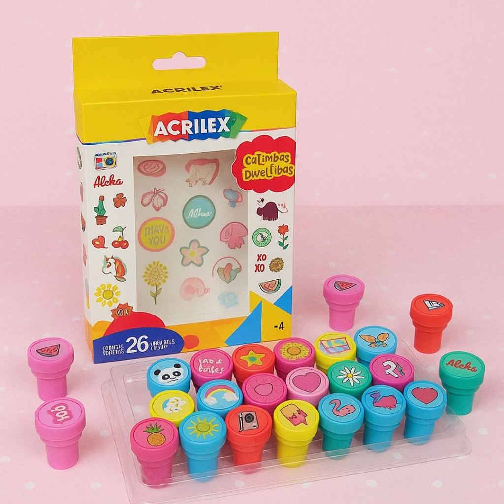 Kit 26 Carimbos Divertidos Infantil Encaixe para Lápis Acrilex Caixa C/26 Unidades Estampas Sortidas