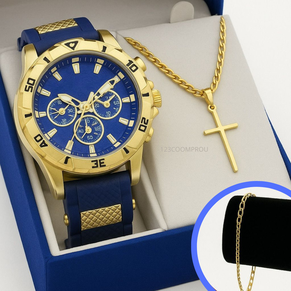 Relógio Masculino Luxo Banhado 18K De Silicone Com Corrente e Pulseira Premium