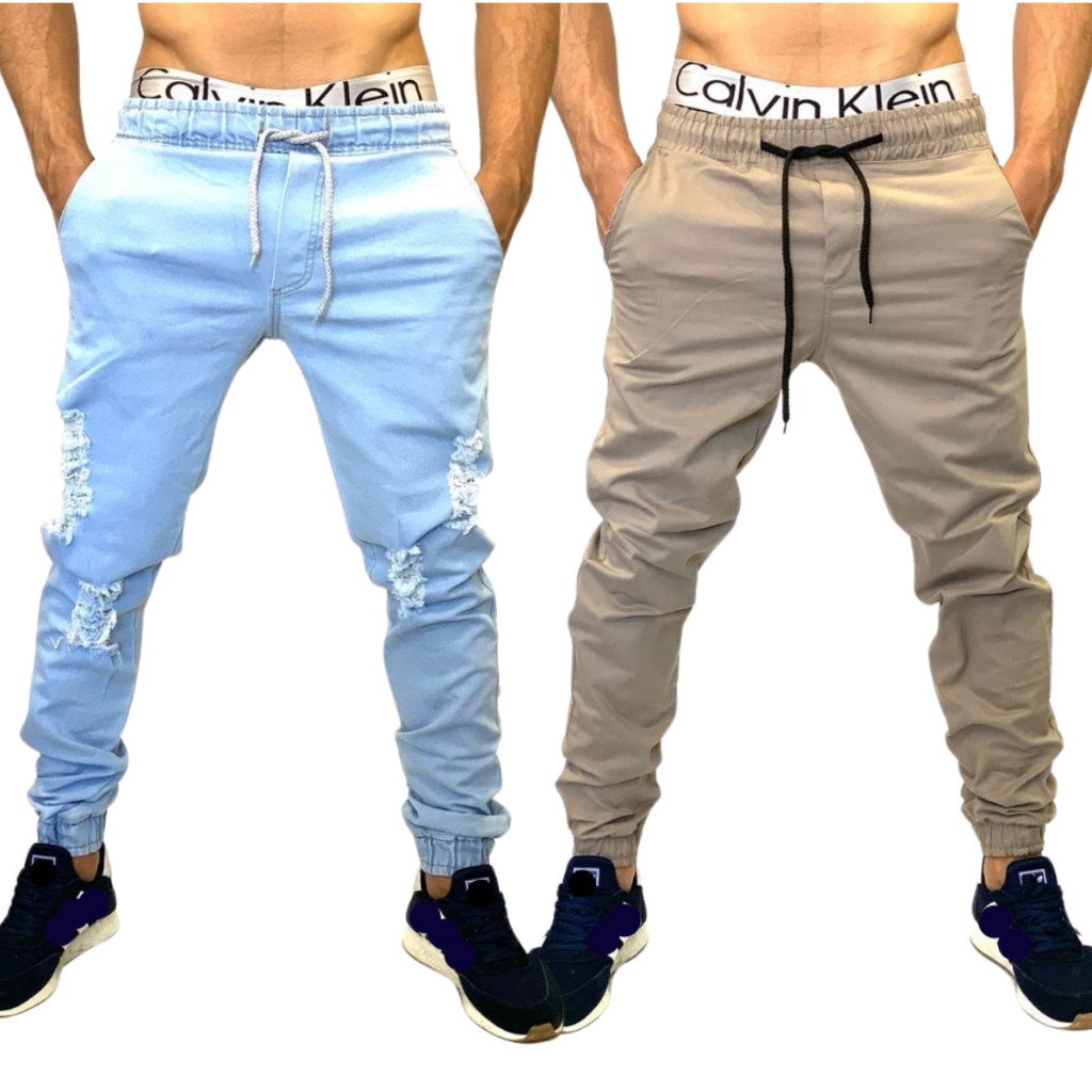 Kit 2 Calças Jogger Masculina Jeans Com Punho Elastico e cordão de ajuste