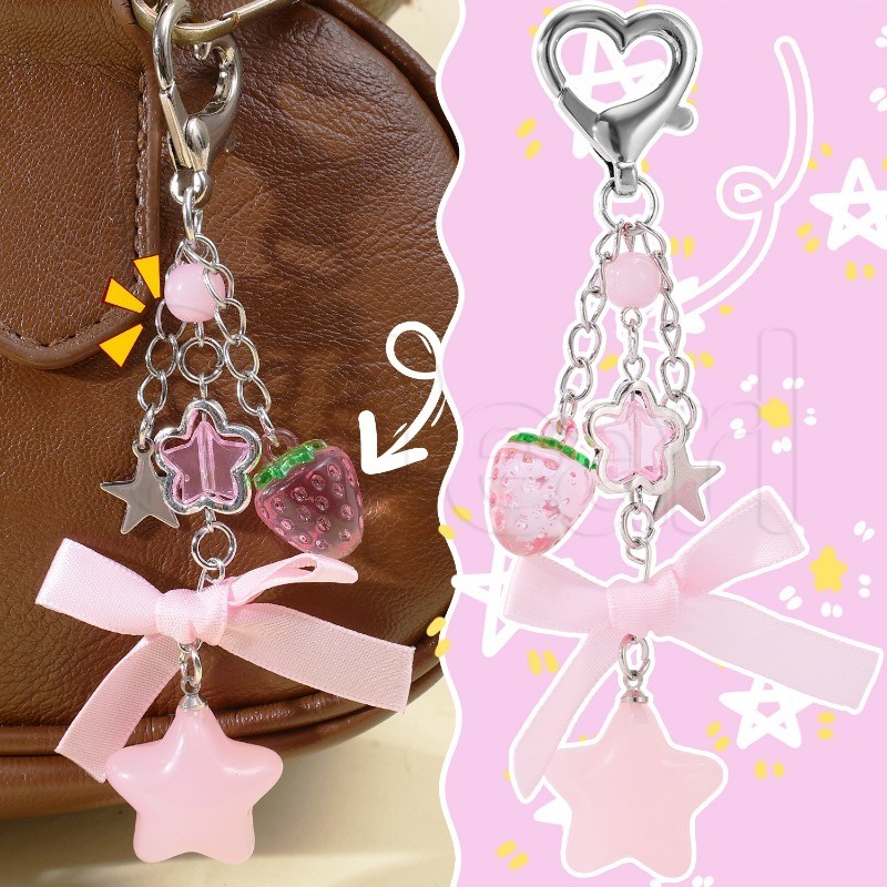 Chaveiro Com Laço De Morango-Corrente De Telefone Estrela Fofa-Pingente De Bolsa Rosa Bownot-Decoração De Mochila Modern