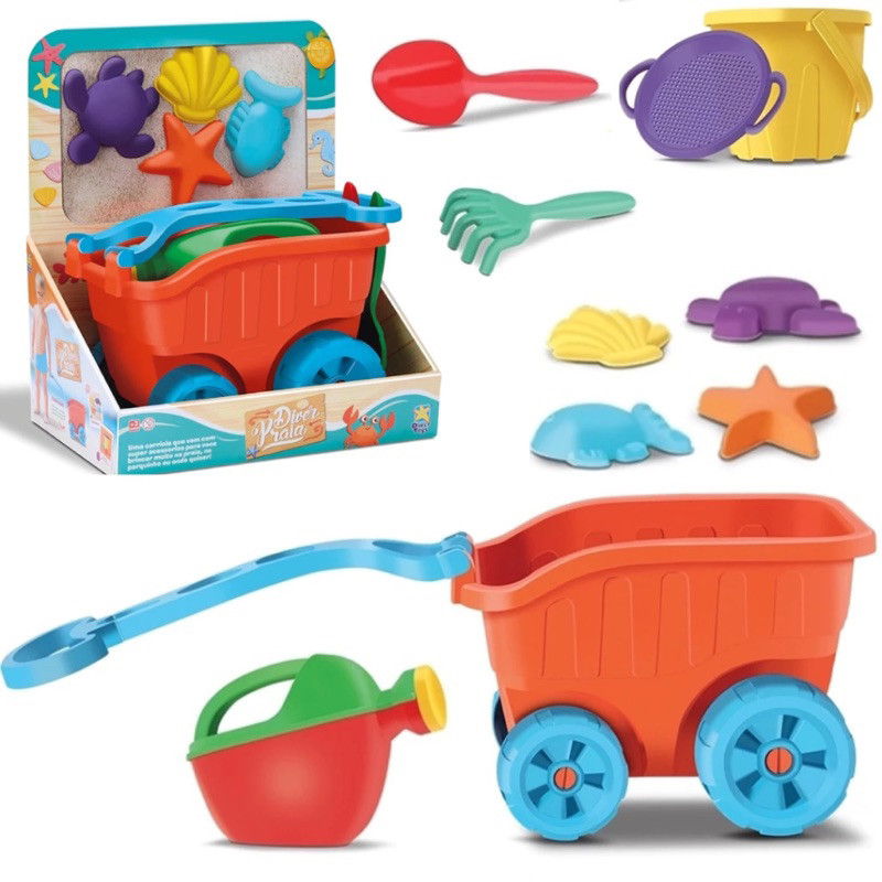 Carriola de Praia com Balde, Regador e Forminhas Brinquedo com Acessórios para Crianças