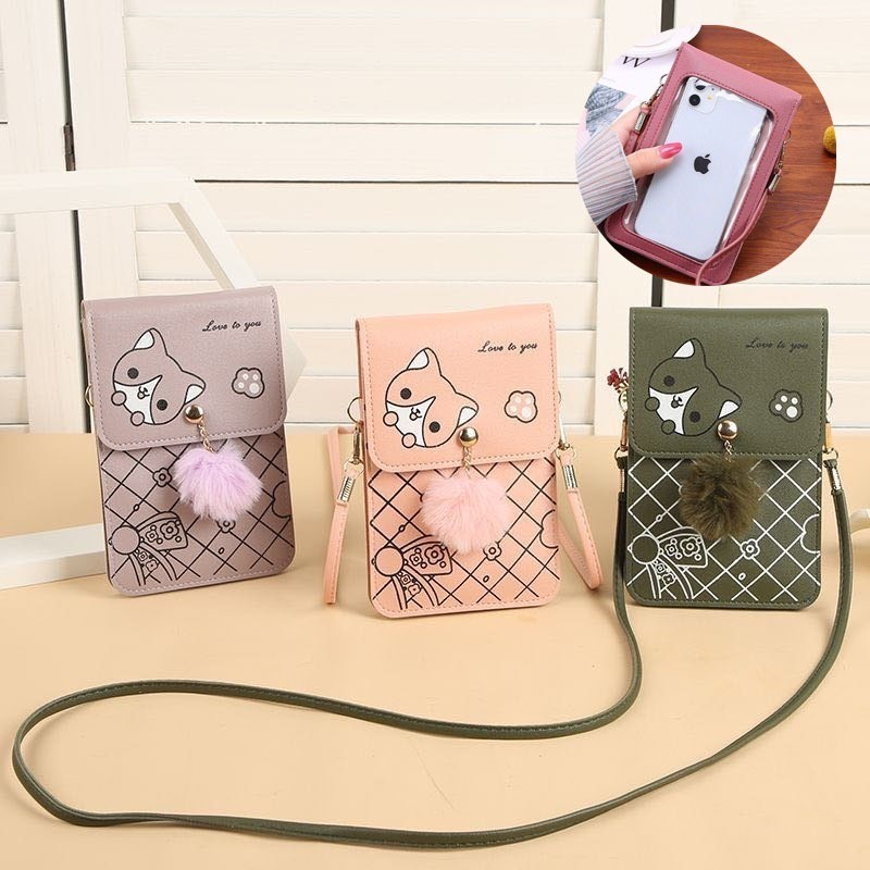 gatinho Mochila feminina de ombro para celular com tela sensível ao toque.