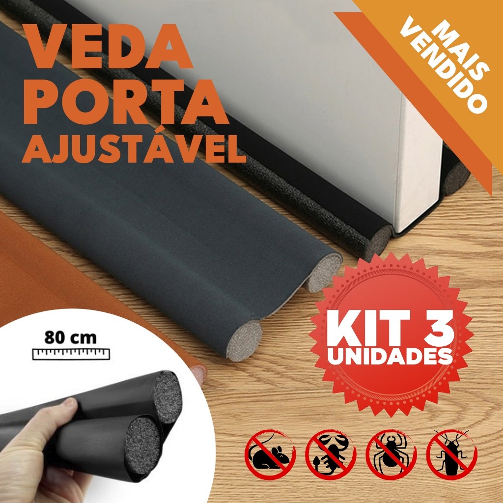 Kit 3 Veda Portas Proteção Ajustável Protetor de Portas Rolinho Duplo 80cm Comprimento