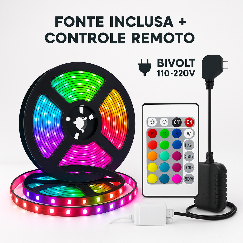 Fita LED 2835 de 5M RGB Multicolor, 300 LEDs 12V IP65, com Fonte e Controle Remoto para Iluminação