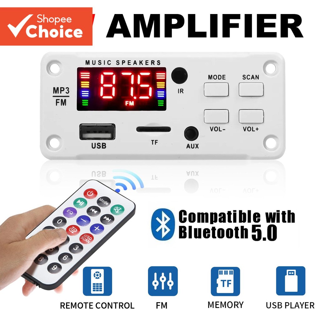 Amplificador DC 12V 50W Bluetooth 5.0 MP3 Leitor Para Carro com USB e Gravação de Chamadas