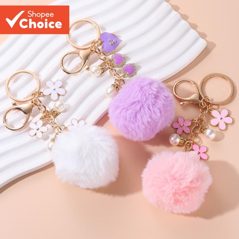 Flores De Bola De Pêlo Bonitas Esmalte Coração Decoração De Saco De Chaveiro Para Menina Presente Giro