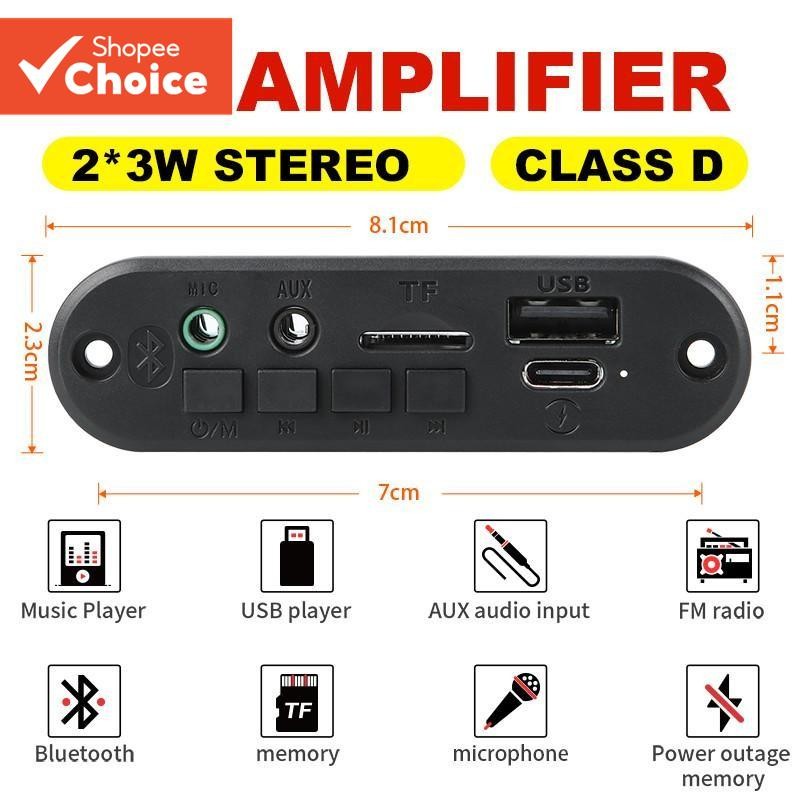 [Shopee Choice] Amplificador 2 * 3W 6W 5V Placa MP3 Bluetooth 5.0 Áudio Estéreo DIY Car MP3 Player Rádio FM TF USB 3.5 M