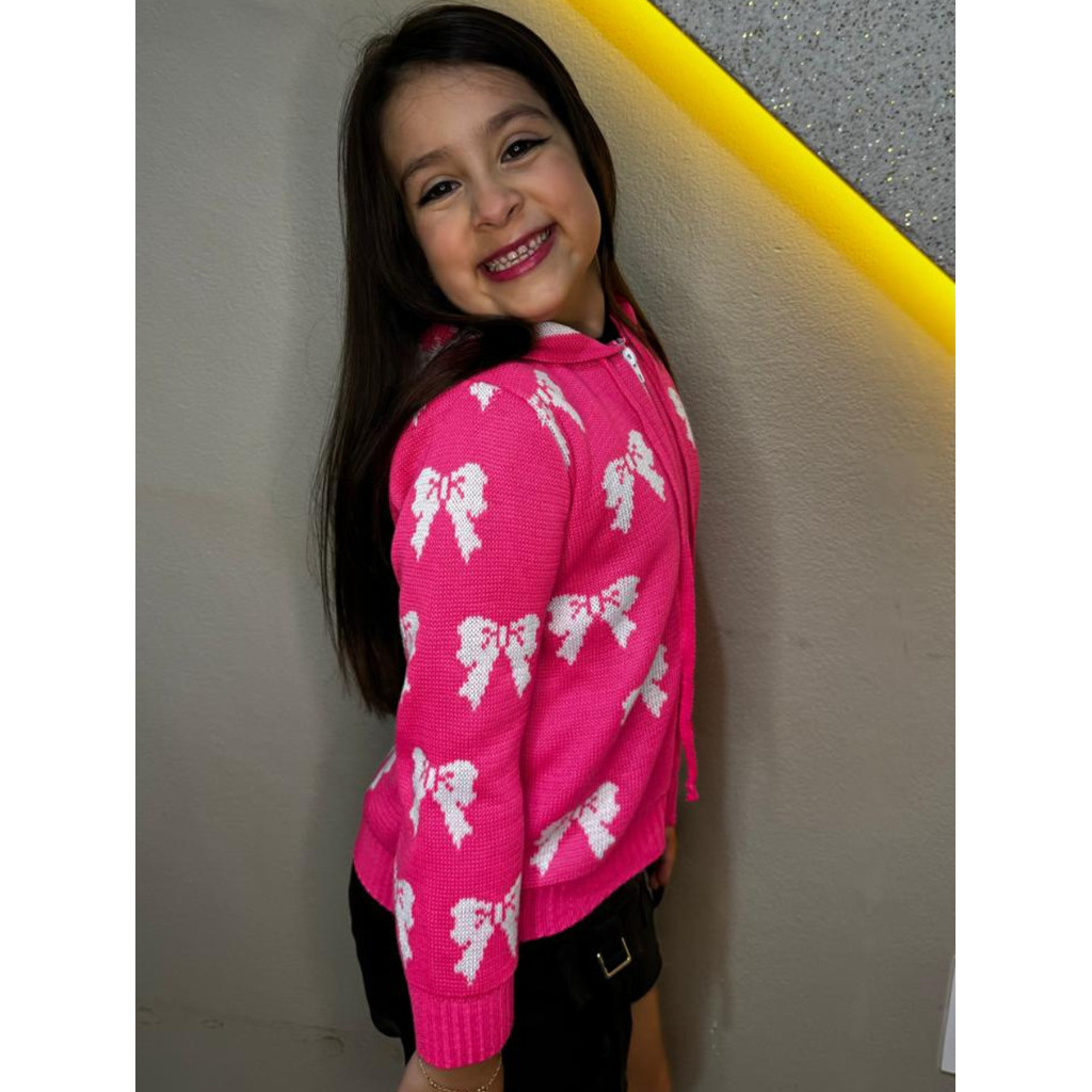Jaqueta Lacinho Tricot Zíper Capuz Menina frio Agasalho