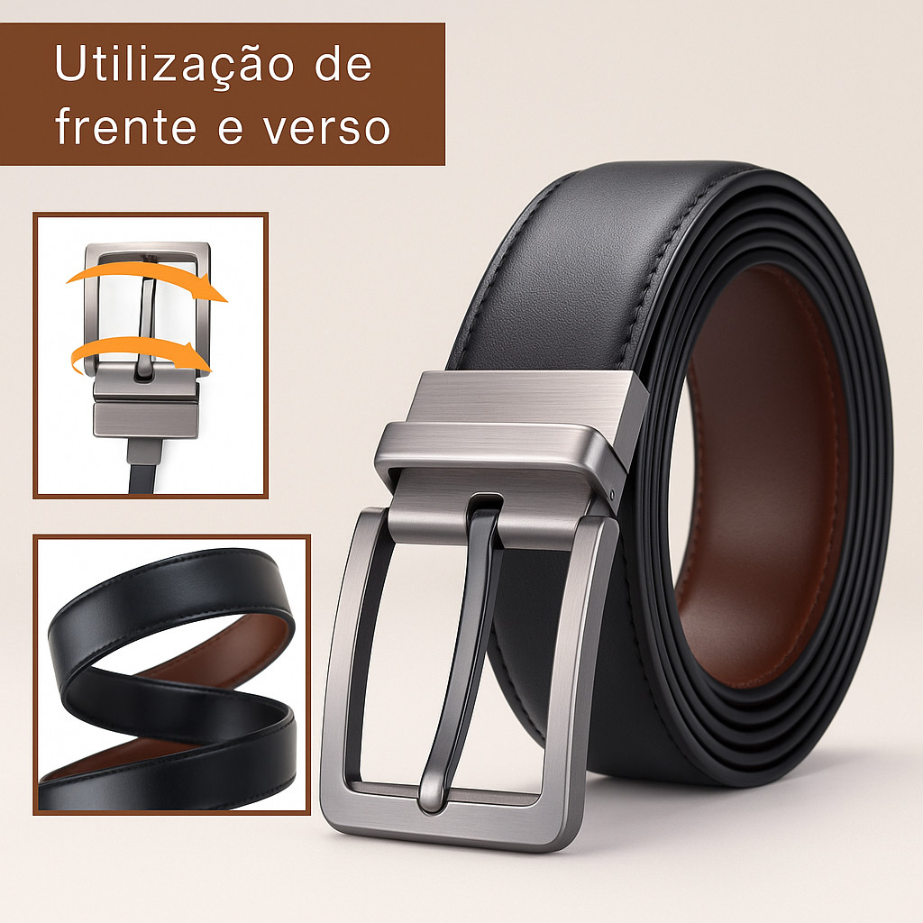 Cinto Dupla Face Masculino Com Fivela Giratória de Couro