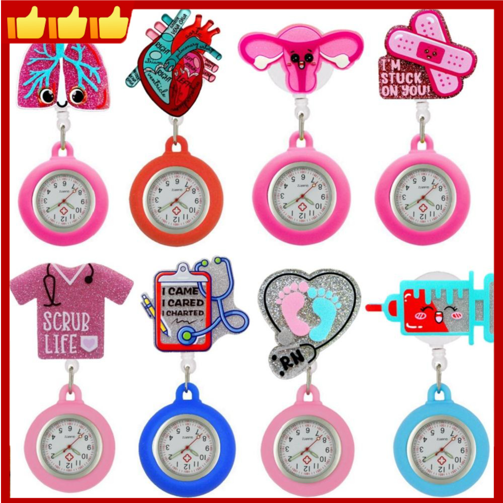 Relógio De Bolso Retrátil Com Glitter De Desenho Animado Para Enfermeiras Médicos Clip-on Pendurado Lapela Enfermeira Fo