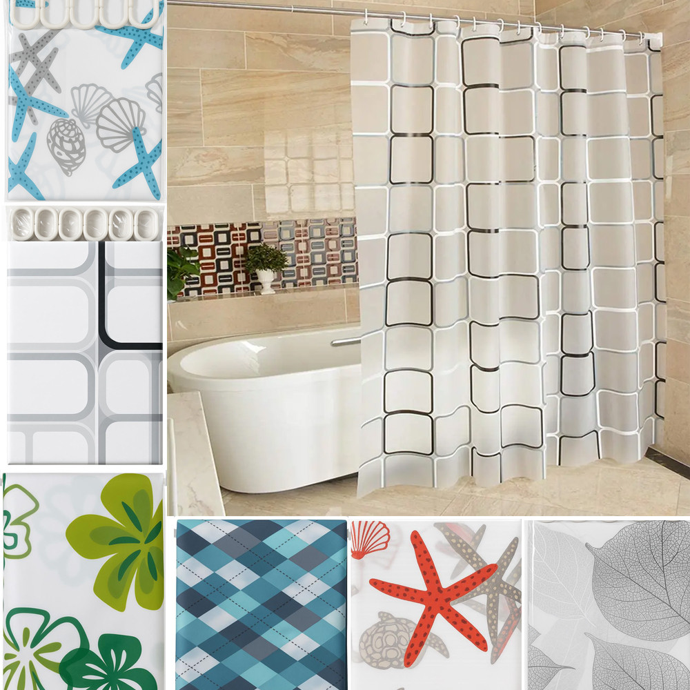 Cortina Banheiro Box Tecido Premium EVA Grosso 0,6mm/0,8mm x 180cm 180cm  com Ganchos