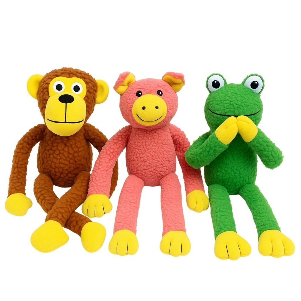 Kit 3 Brinquedo de Cachorro Pelúcia Mordedor Macaco Sapo Porco Pet com Apito Som Bordado Interativo