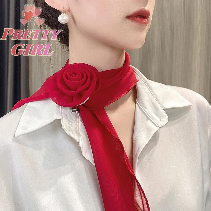[Linda ggirl] Lenço De Seda Com Flor Rosa Da Moda , Macio Versátil Para Mulheres , Meninas , Temperamento , Fita Longa ,