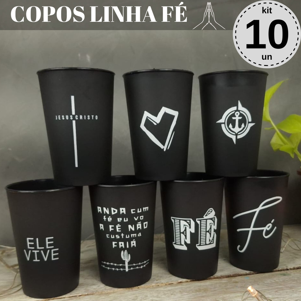 Copo Linha Fé Preto 4 Estampas Kit 10 Copos Lembrancinha para Igreja, Culto e Congresso Cristão.