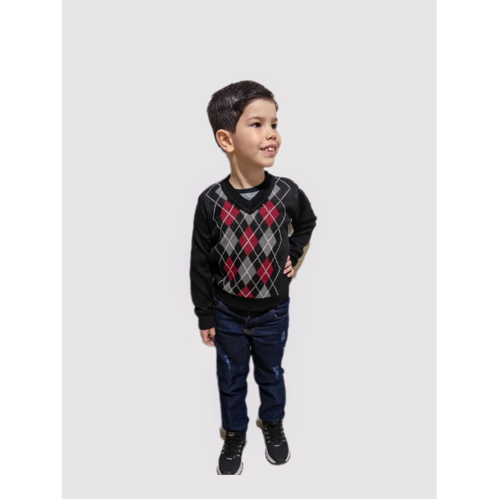 Blusa SuéterTricot  Escocesa Frio Menino Manga Longa Gola V