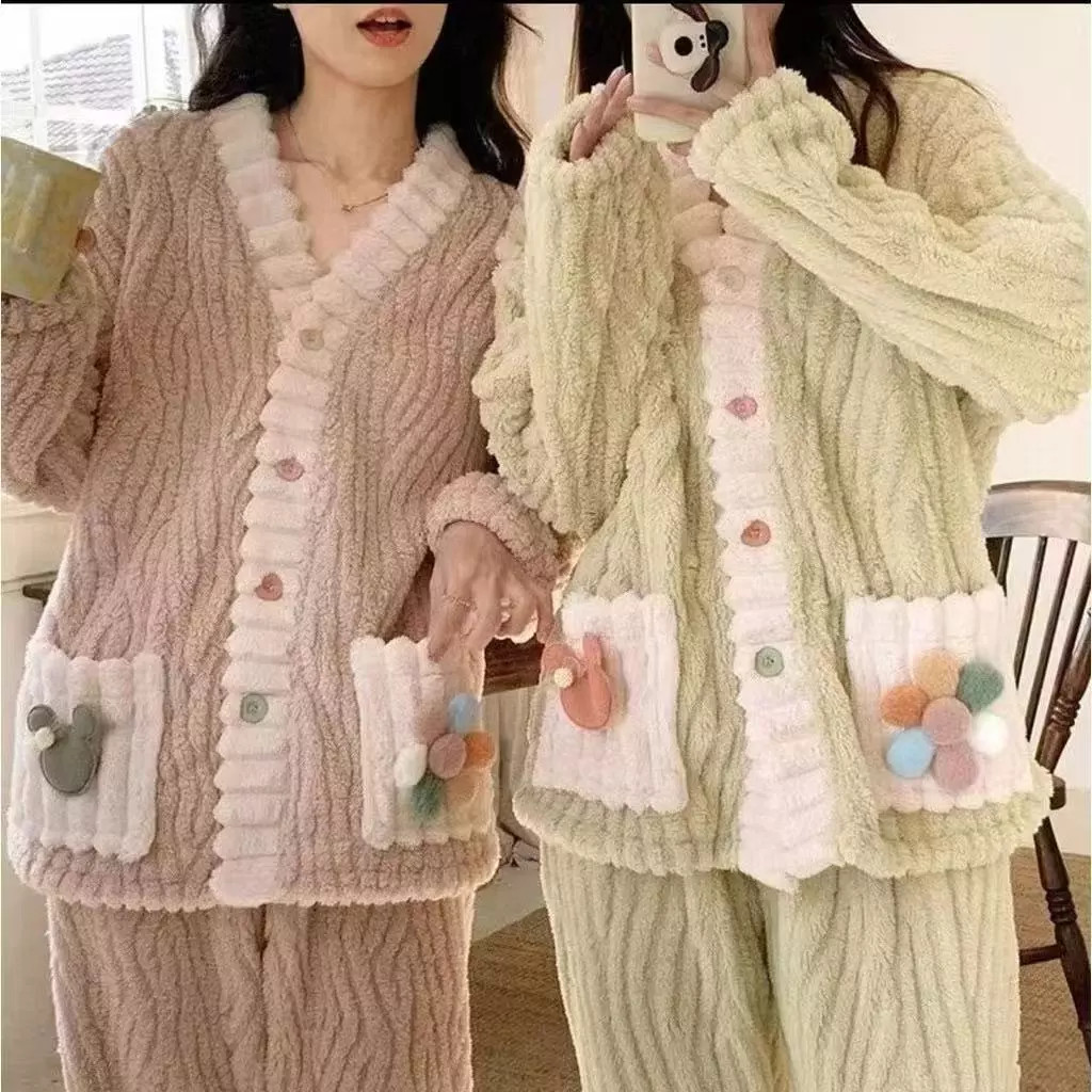 Conjunto de Pijama Feminino de Manga Longa e Calça Longa Inverno Soft Super Quentinho